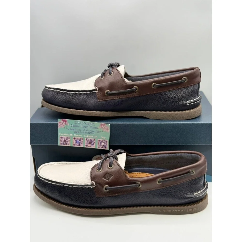 Sperry Top-Sider AO 2-Eye Boat Shoes Navy White Brown Leather NWT Sz 10‎